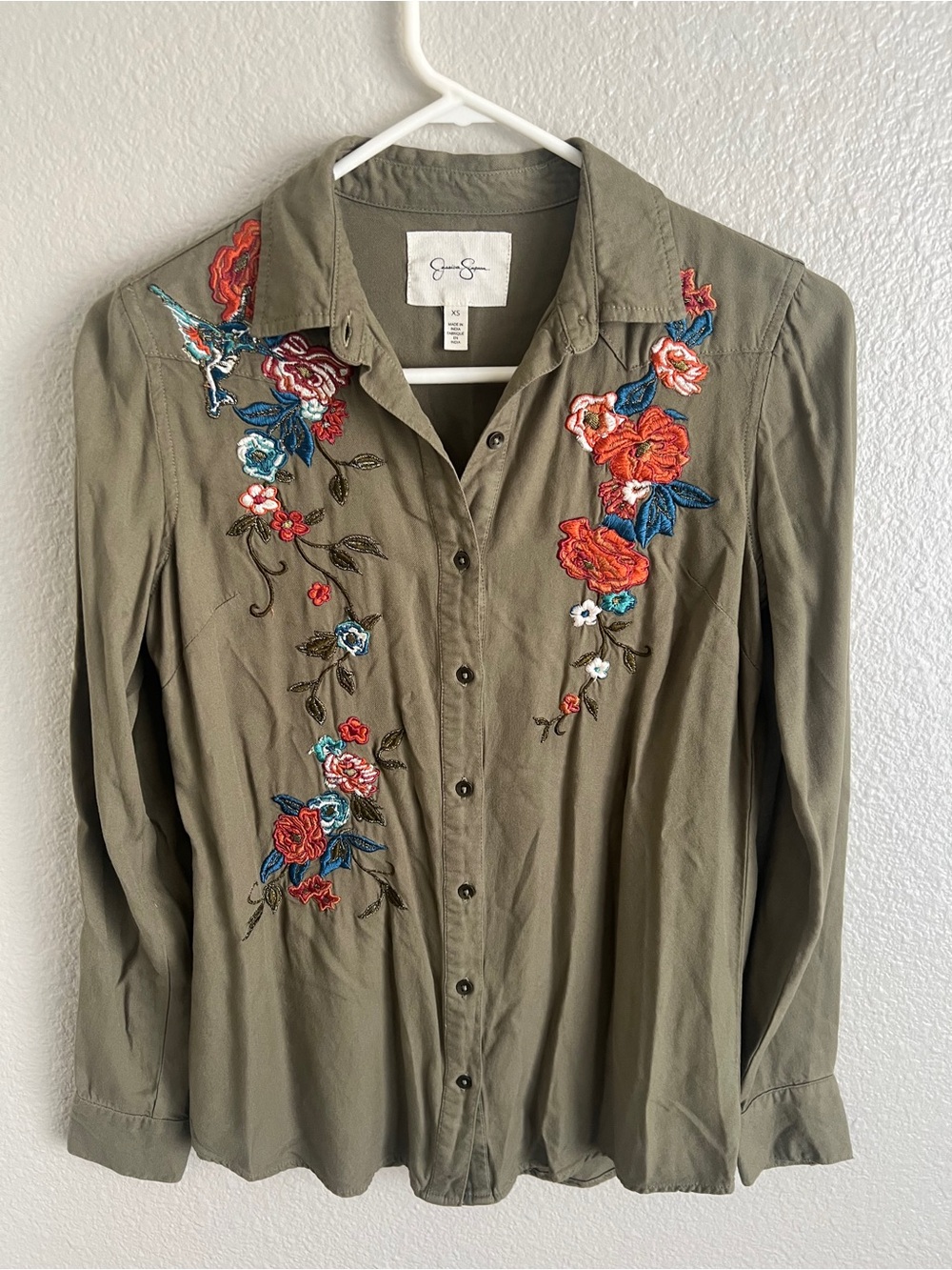 Jessica Simpson Olive Green Shirt with Floral Embroidery
